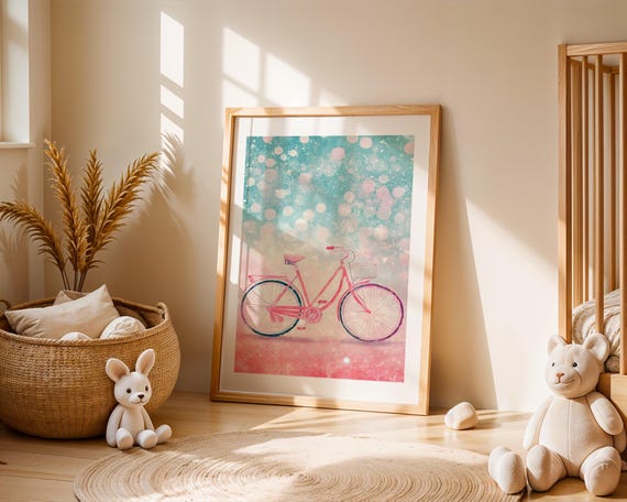 Whimsical Pink Bicycle Wall Art Pastel Bokeh Background Retro Bike Print Cute Girly Home Decor Instant Bedroom Nursery