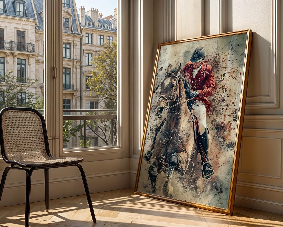 Equestrian Rider Red Coat Galloping Horse Watercolor Sports Poster - Image 3