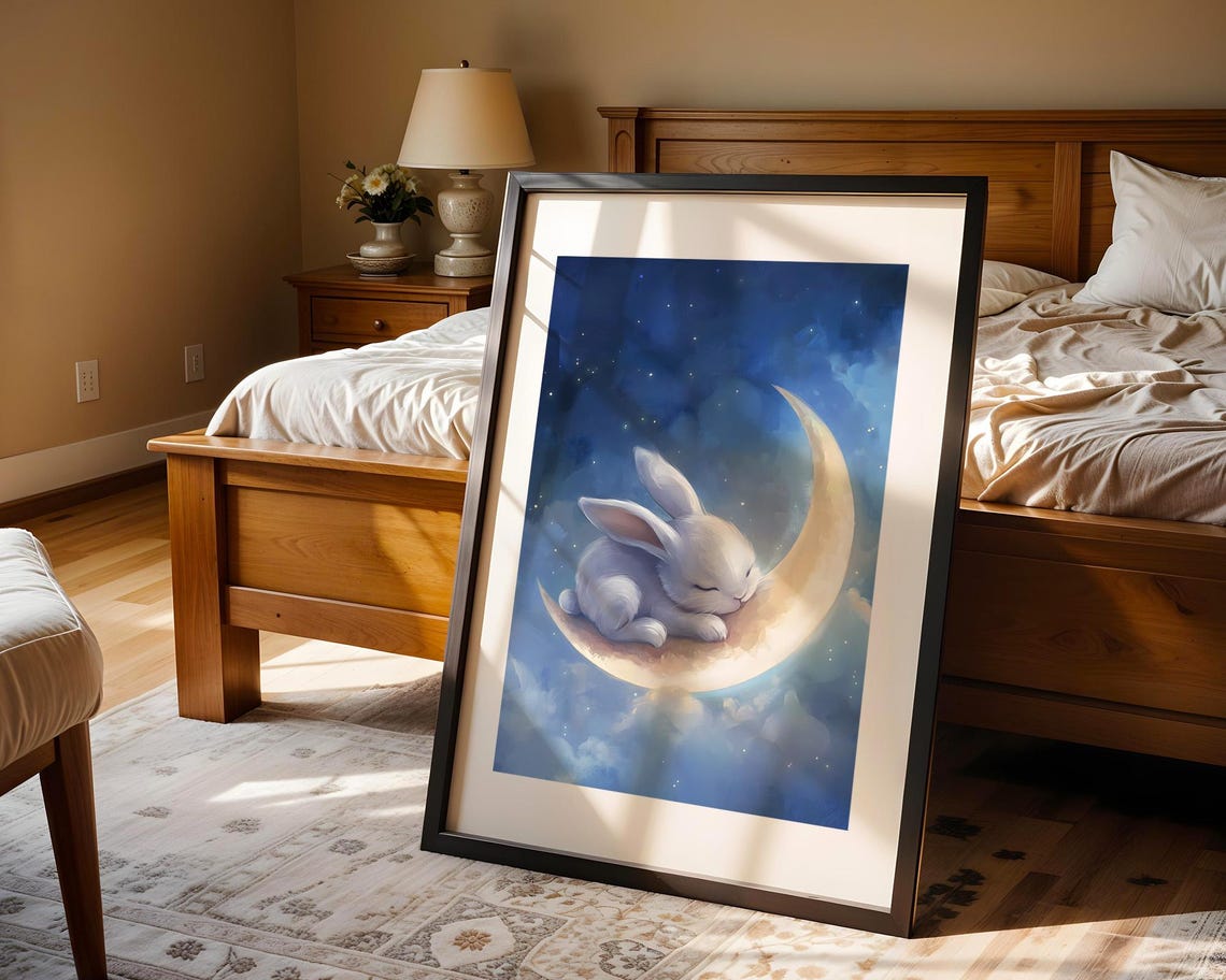 Dreamy Bunny Moon Nursery Wall Art Sleepy Rabbit Crescent Illustration Celestial Night Sky Baby Room Kids Decor