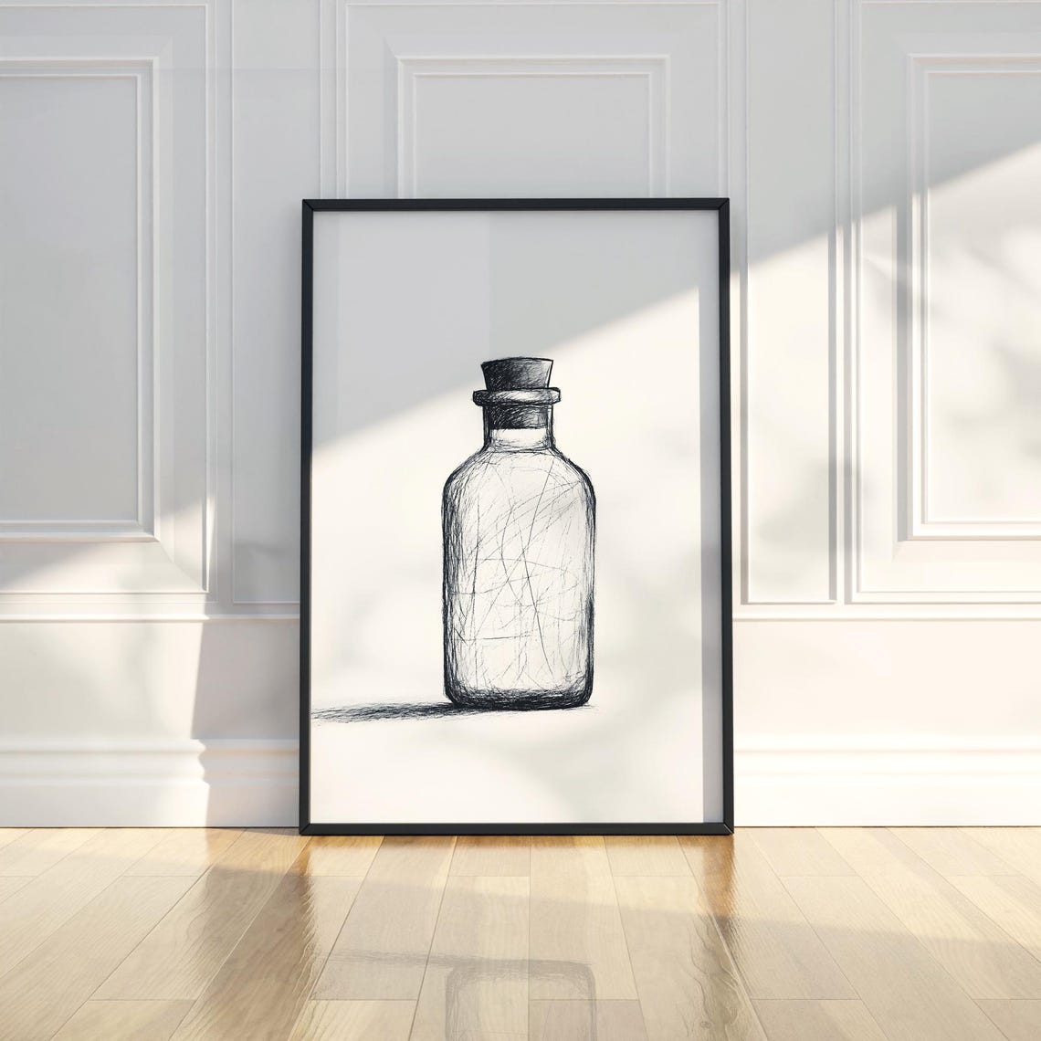 Empty Glass Bottle Cork Stopper Black Ink Sketch Minimalist Art Poster