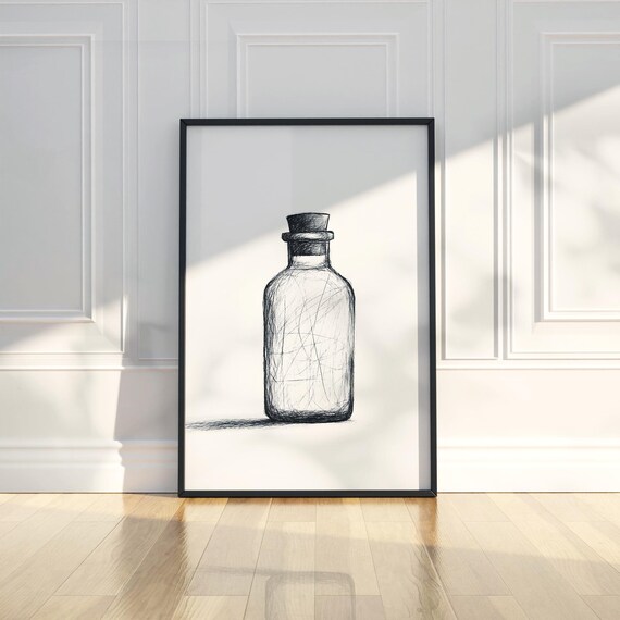 Empty Glass Bottle Cork Stopper Black Ink Sketch Minimalist Art Poster