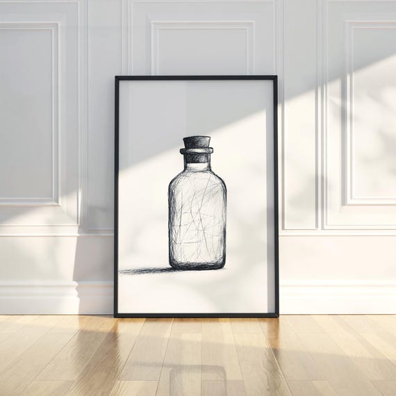 Minimalist Empty Glass Bottle Wall Art Print Line Pencil Sketch Drawing Trendy Poster Zen Modern Home Decor
