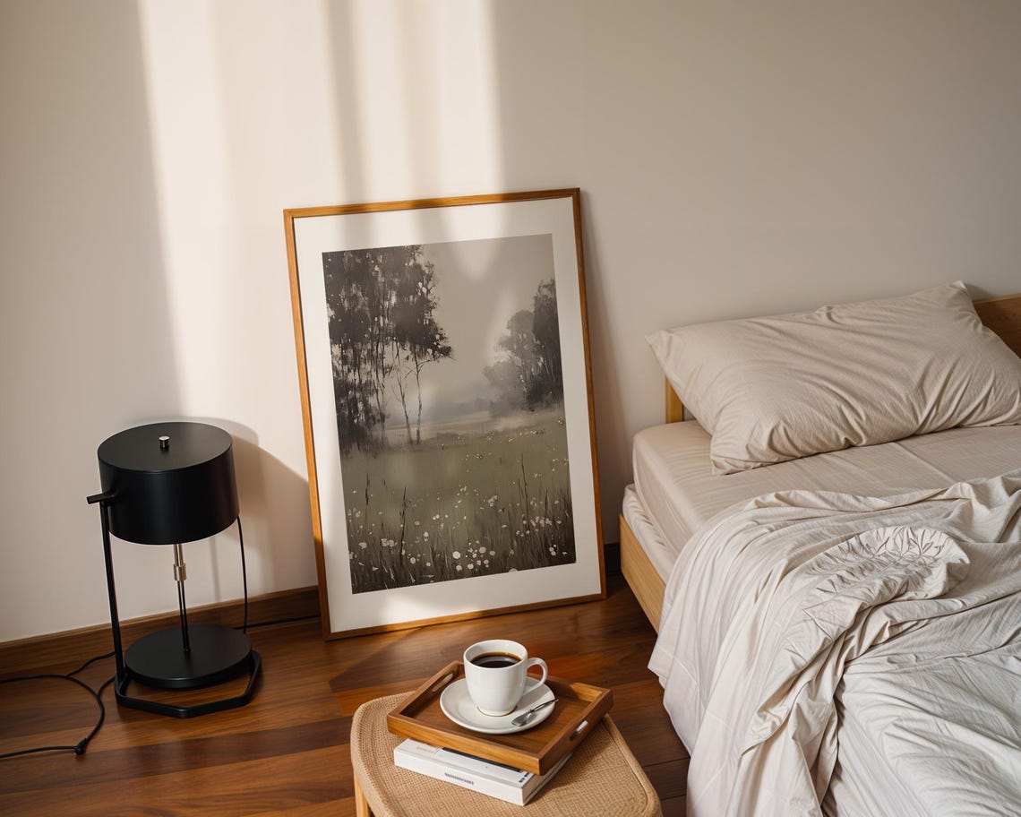 Misty Moody Black White Landscape Trees Meadow Minimalist Poster - Image 2