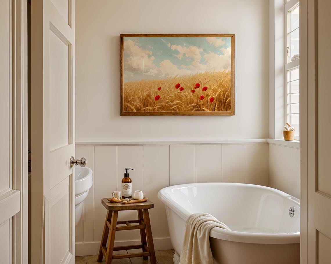 Golden Wheat Field Poppy Flower Wall Art Print Oil Painting Farm Landscape Nature Rustic Scenic Harvest Home Decor Living Room Bedroom Gift - Image 3