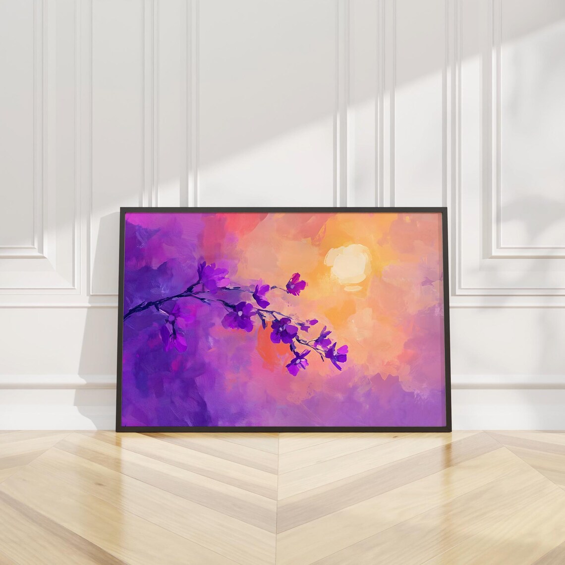 Abstract Purple Flower Sun Wall Art Print Oil Painting Vibrant Floral Botanical Nature Dreamy Modern Home Decor Living Room Bedroom Office