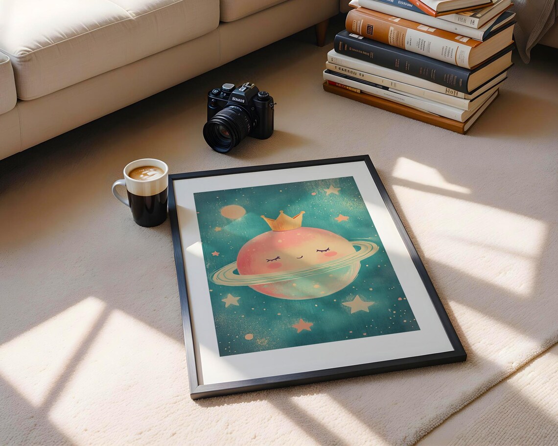 Cute Smiling Pink Planet With Crown Nursery Space Art Poster - Image 5