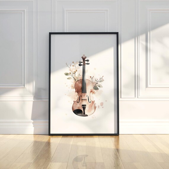 Watercolor Boho Violin With Floral Branches Music Instrument Poster