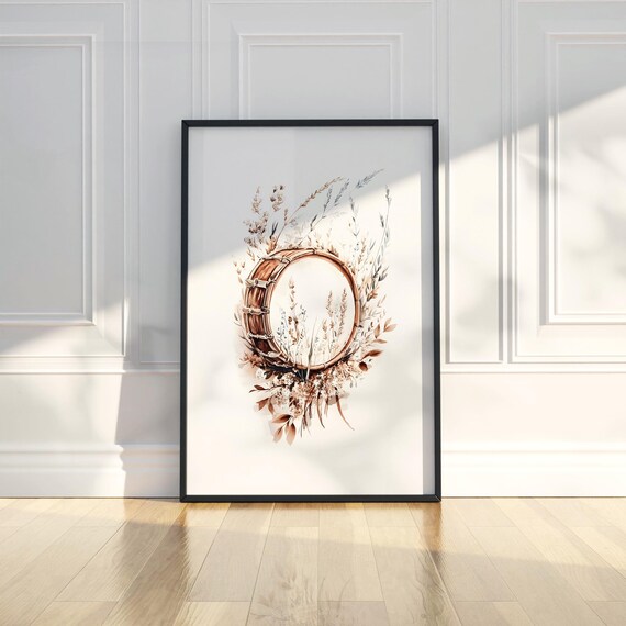 Snare Drum Botanical Wreath Watercolor Music Room Wall Art Decor