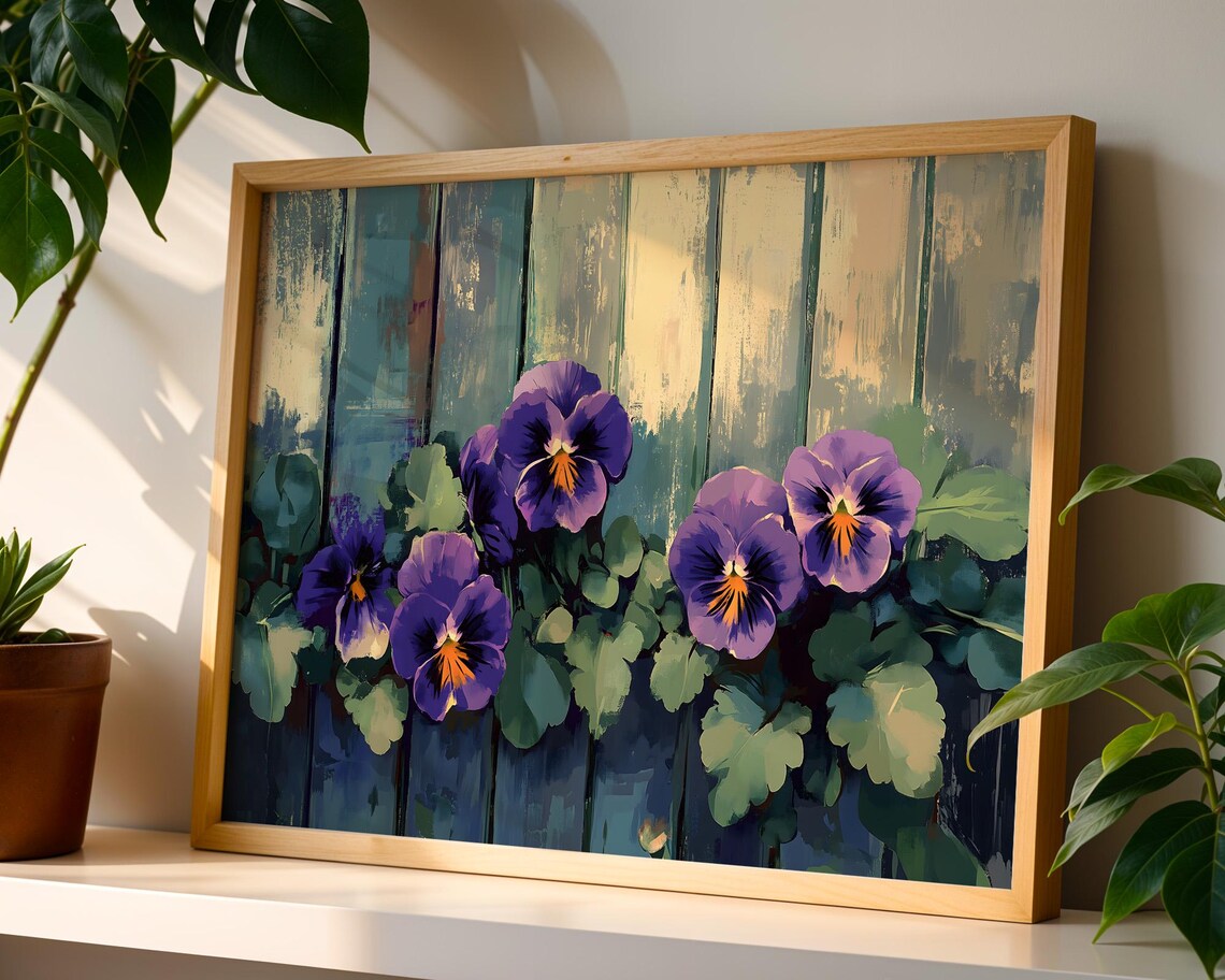 Purple Pansies Rustic Wooden Fence Vintage Garden Floral Wall Art - Image 4