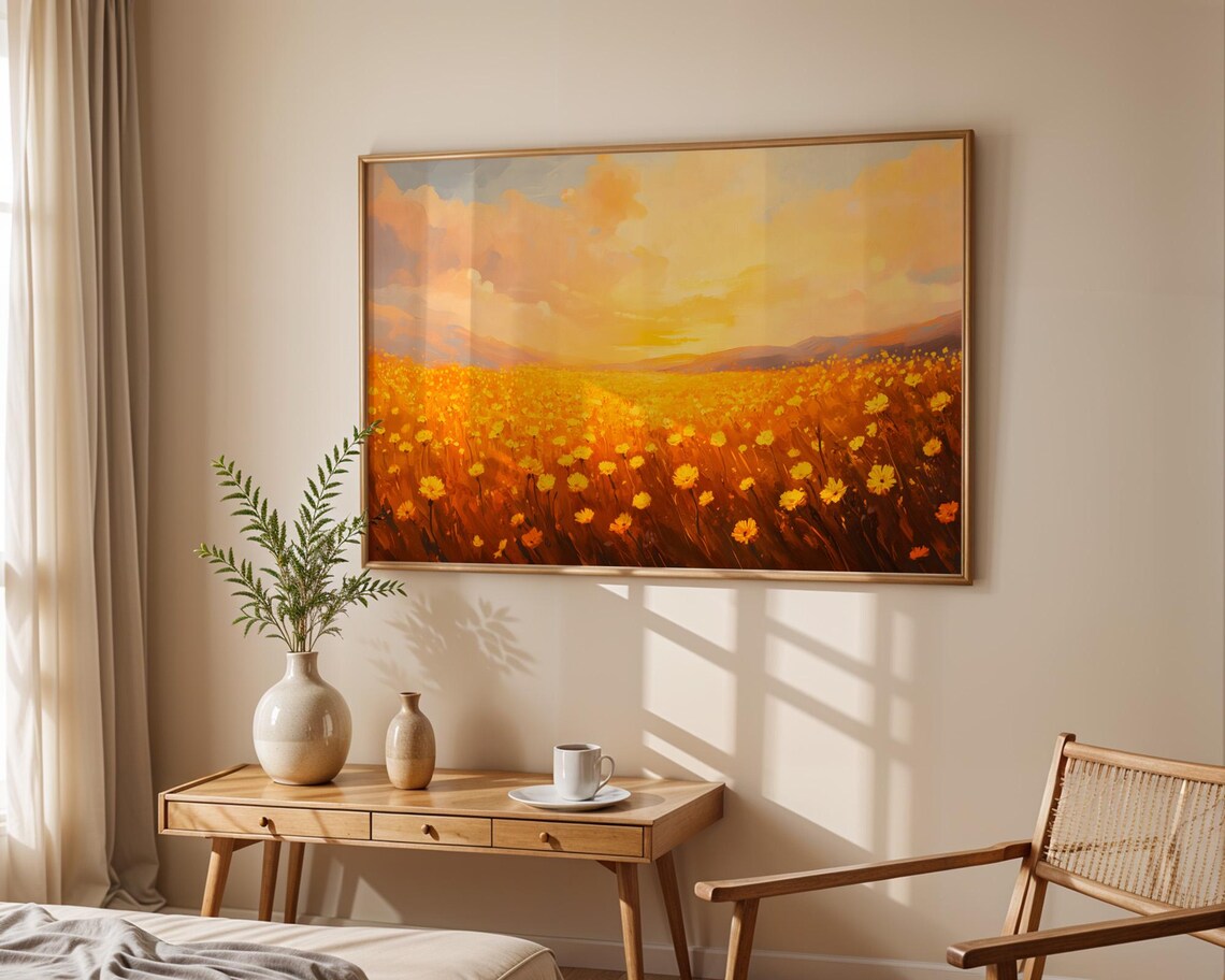 Golden Wildflower Field Blazing Sunset Warm Landscape Art Poster - Image 5