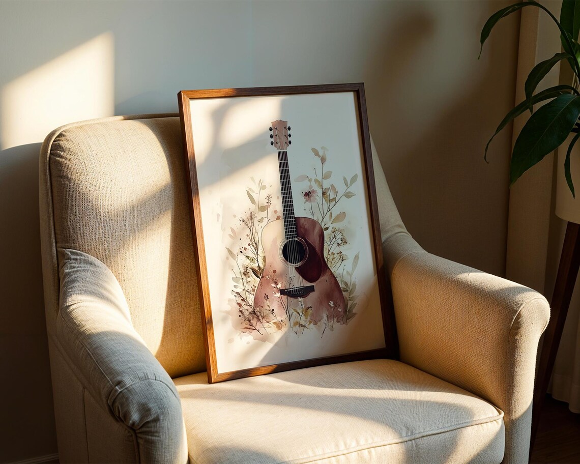 Acoustic Guitar Watercolor Blush Floral Botanical Romantic Music Poster - Image 2