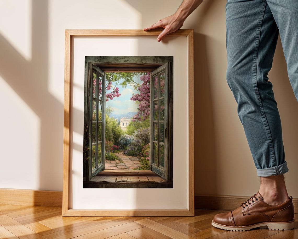 Romantic Open French Doors To Blooming Garden Path Landscape Poster - Image 2
