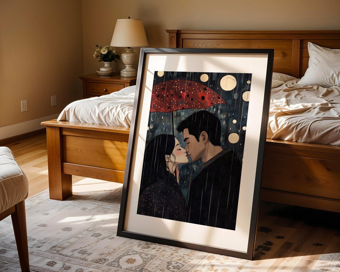 Romantic Couple Kissing Under Red Umbrella In Rainy Night City Poster