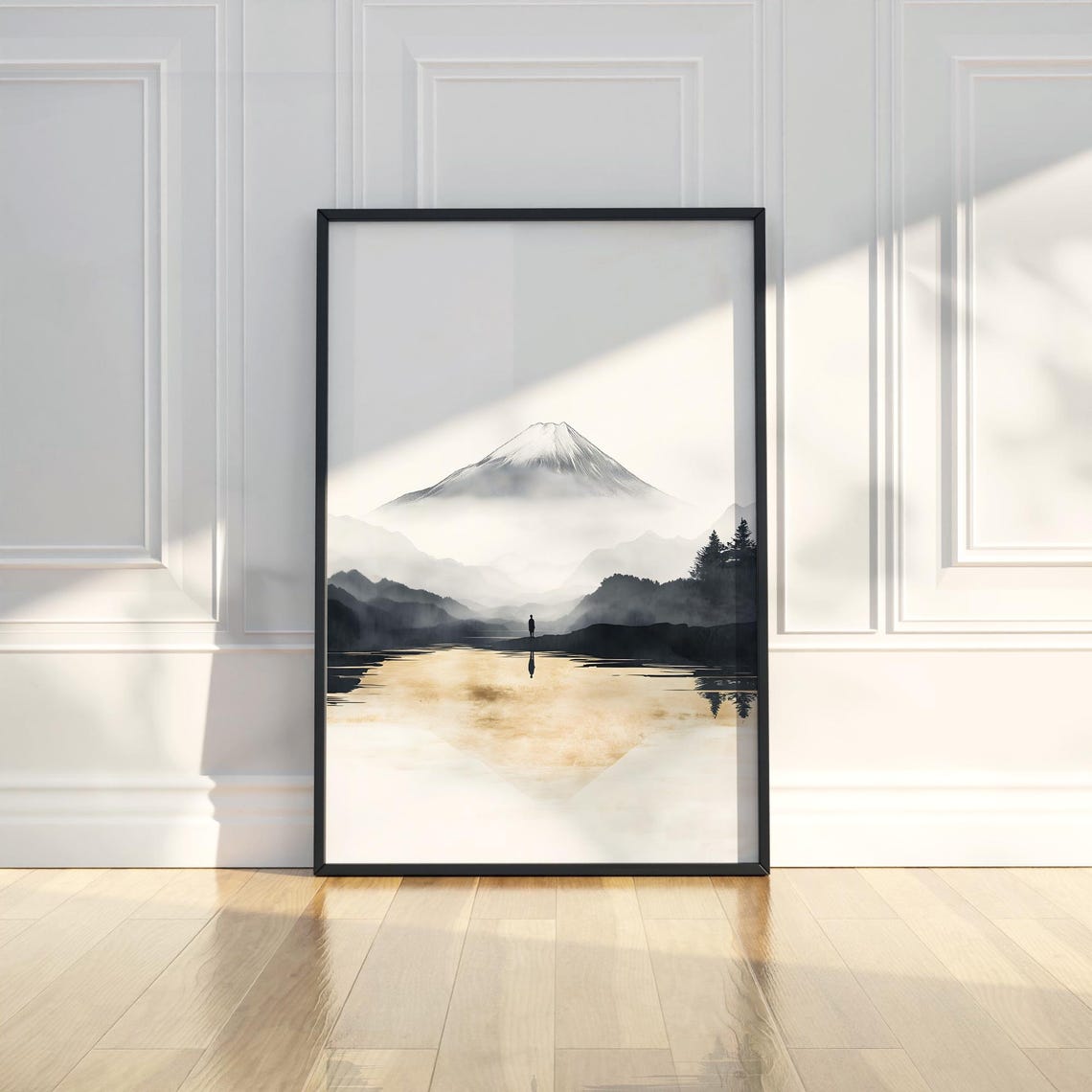 Mount Fuji Minimal Ink Painting Lonely Figure Misty Lake Poster