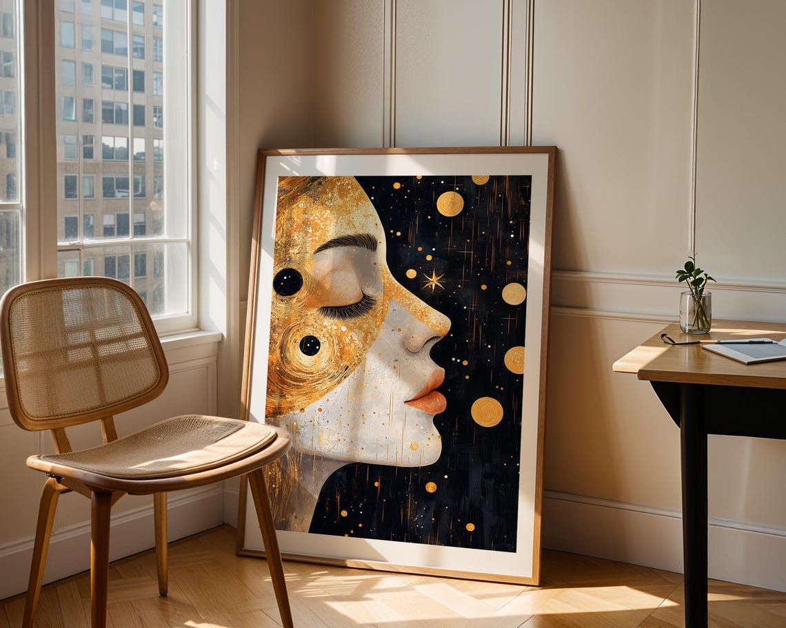 Celestial Goddess Cosmic Woman Portrait Golden Starry Poster - Image 3