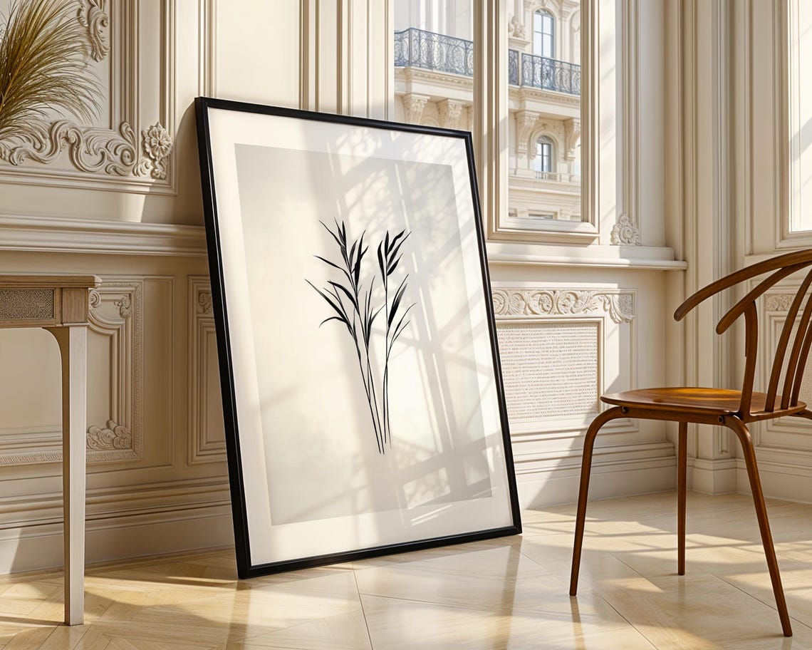 Minimalist Black Reed Grass Stems Botanical Ink Line Art Wall Poster - Image 4