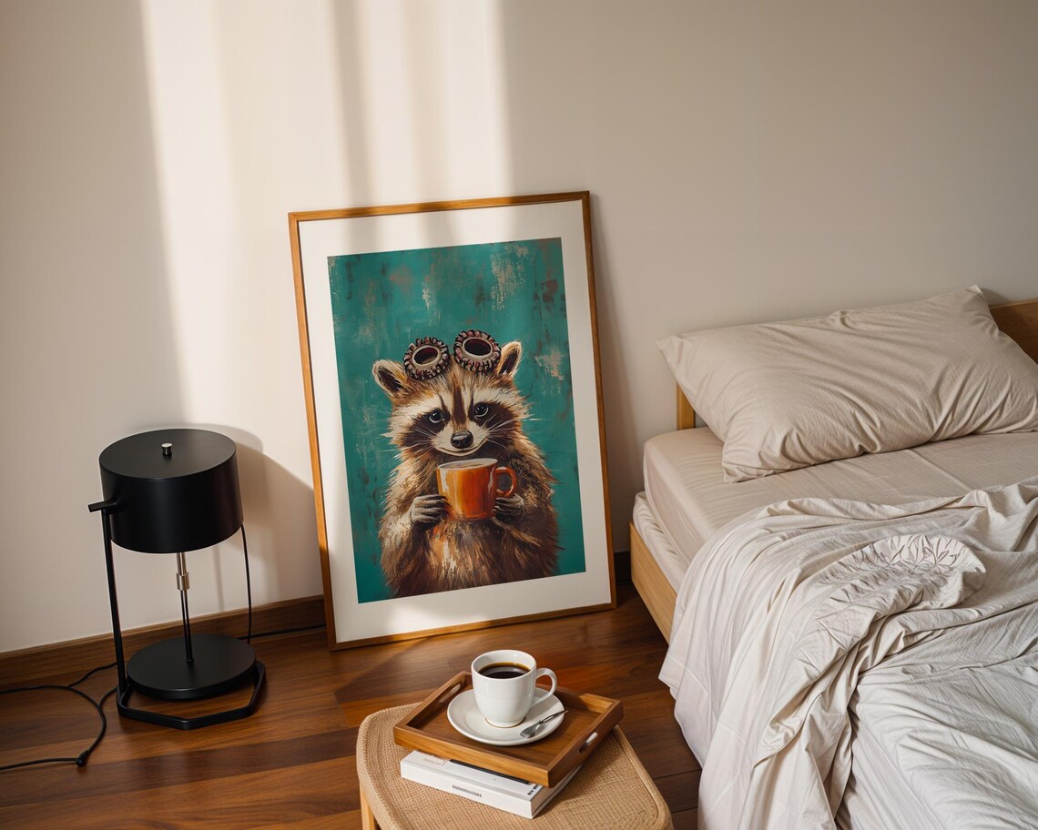 Raccoon Holding Orange Coffee Mug Steampunk Goggles Teal Poster - Image 2