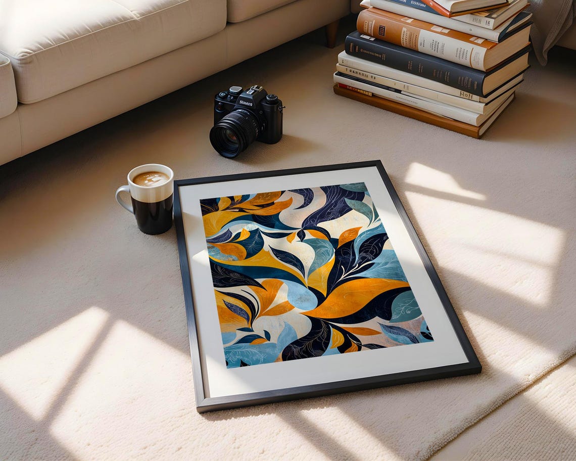 Navy Gold Floral Abstract Pattern Elegant Botanical Art Print - Image 5