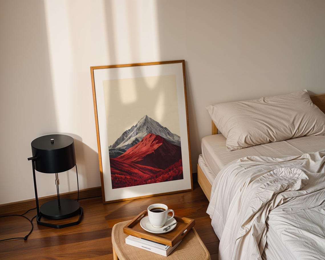 Minimalist Red Hills and Grey Mountain Art Poster for Bold Decor - Image 2