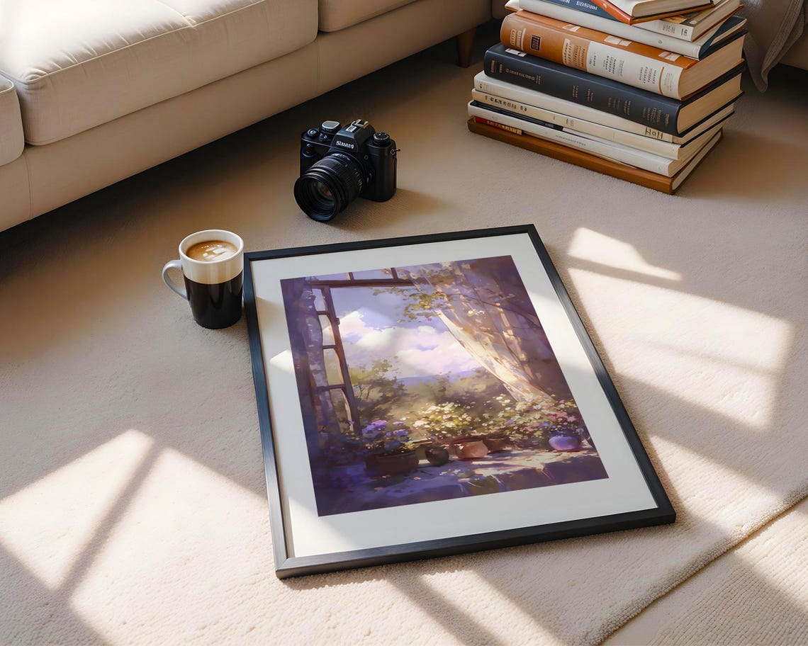 Open Window Flower Pots Dreamy Watercolor Interior Art Poster - Image 5