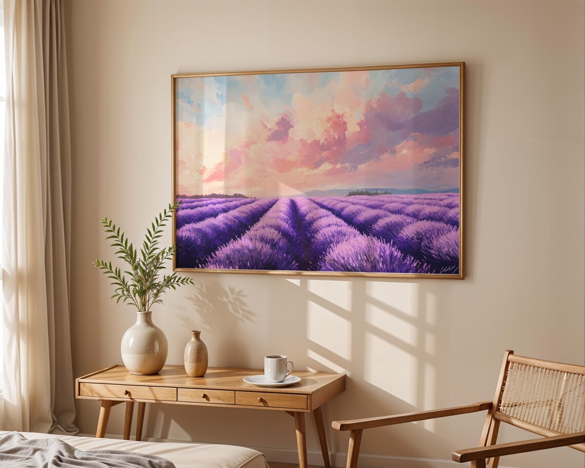 Lavender Rows Sunset Pink Clouds Dreamy Purple Field Landscape Poster - Image 6