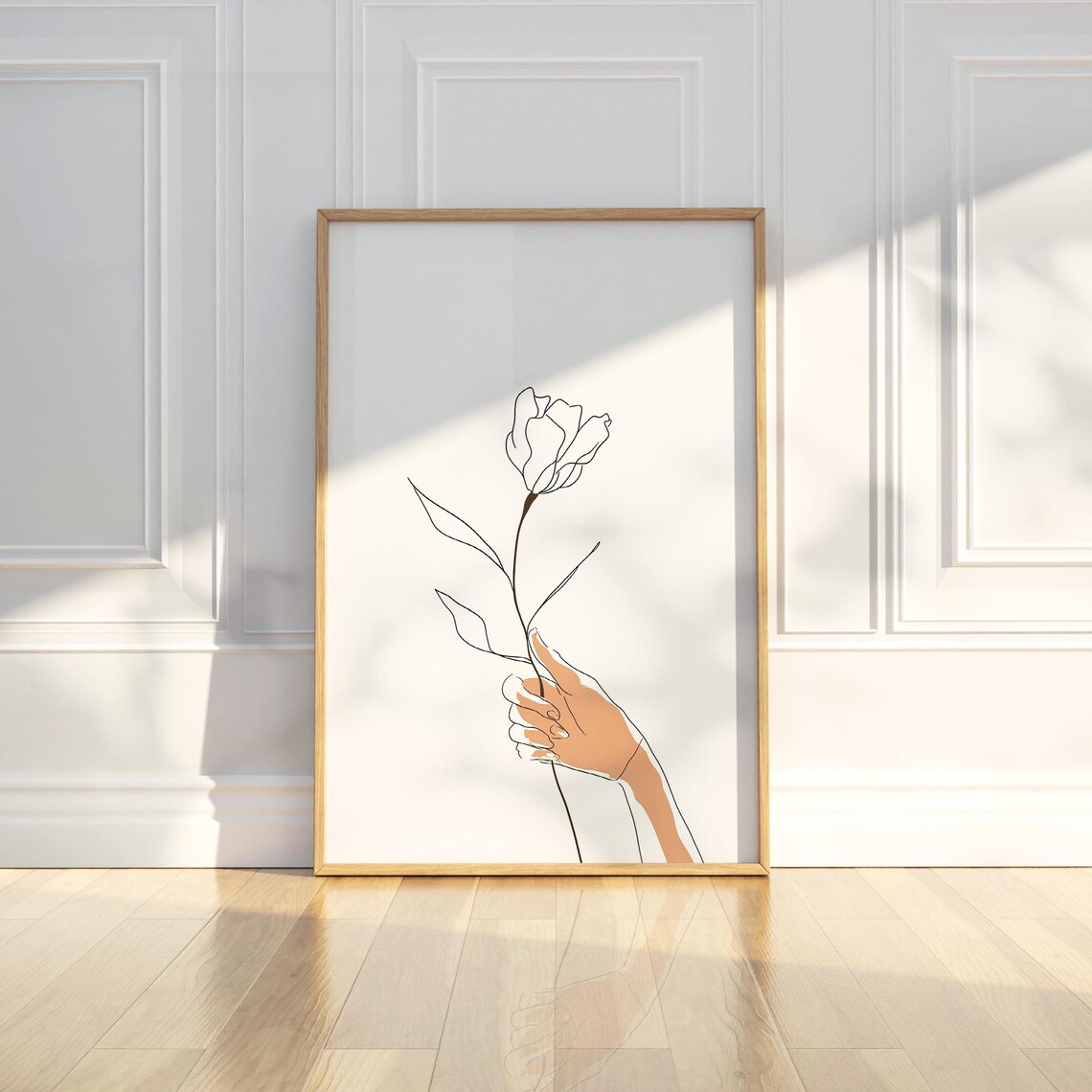 Hand Holding Blooming Flower Modern Floral Line Art Drawing Poster