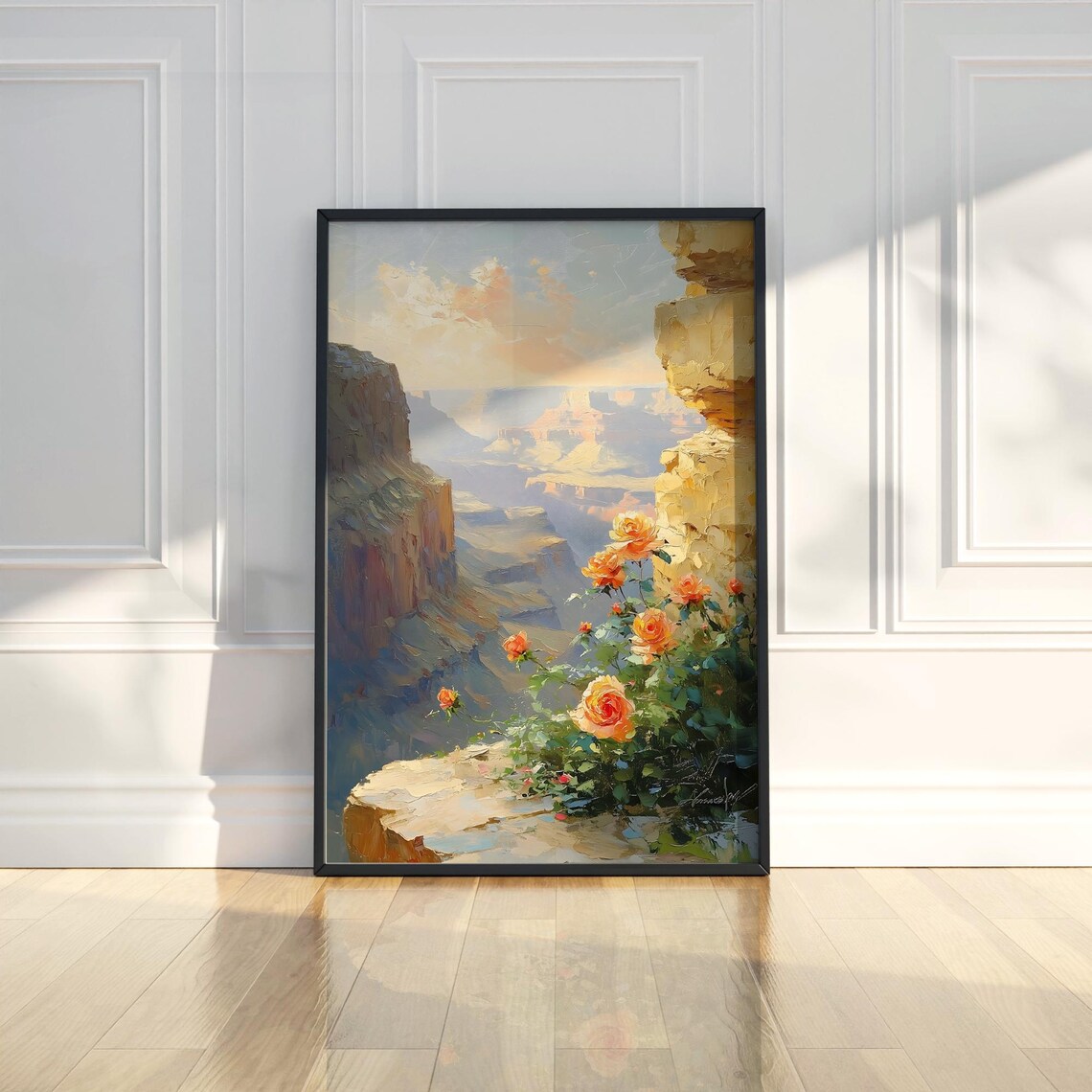 Orange Roses Blooming Canyon Cliff Edge Landscape Oil Painting Poster