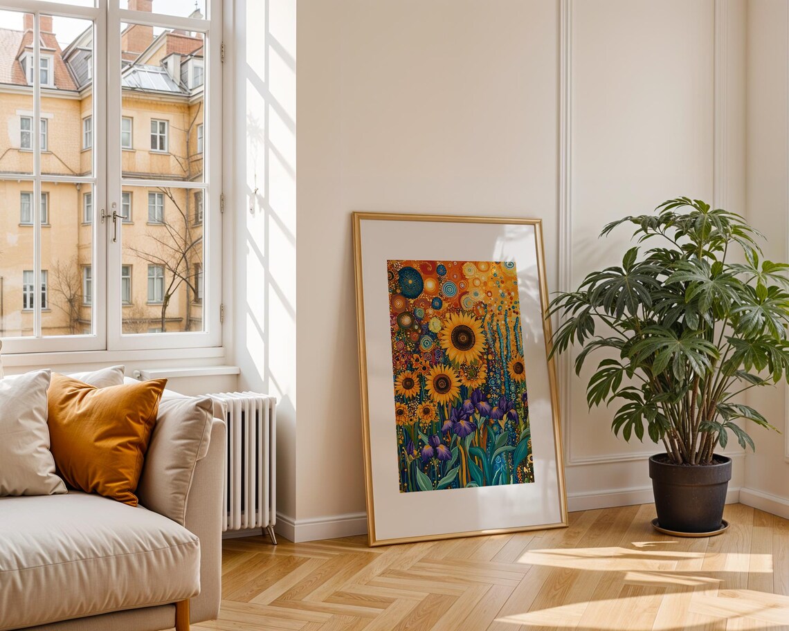 Sunflowers and Irises Mosaic Garden Colorful Floral Art Poster - Image 2
