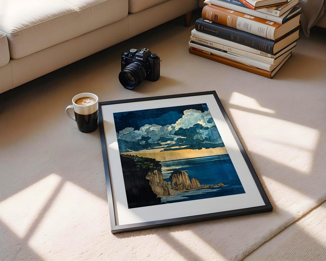 Stormy Ocean Cliffs Dramatic Seascape Woodblock Style Art Poster - Image 5