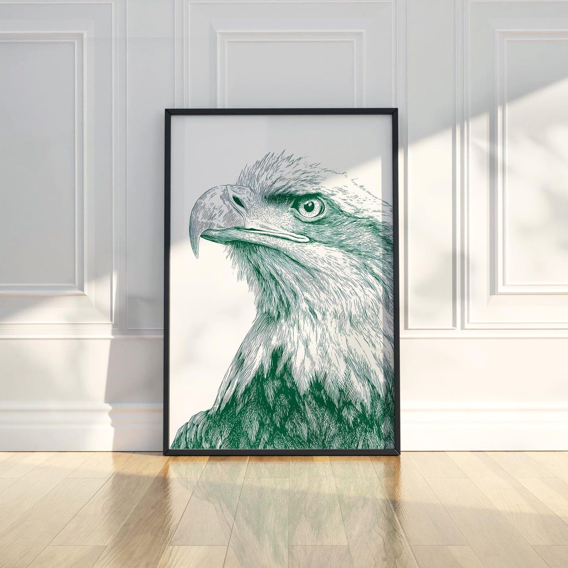 Bald Eagle Head Green Ink Engraving Style Wildlife Portrait Poster