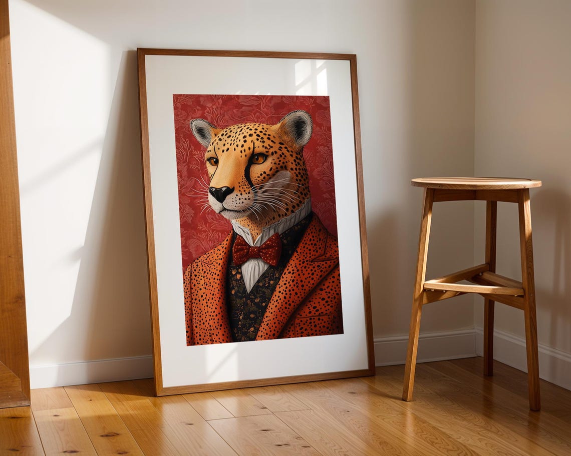 Cheetah in Bow Tie and Jacket Whimsical Animal Portrait Poster - Image 2