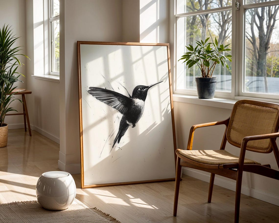 Hummingbird in Flight Black and White Charcoal Sketch Art Poster - Image 3