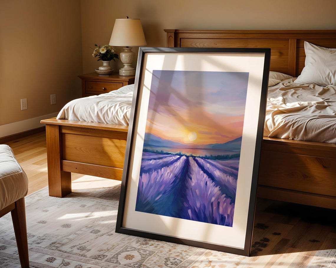 Golden Sunset Over Endless Lavender Field Rows Impressionist Poster - Image 4