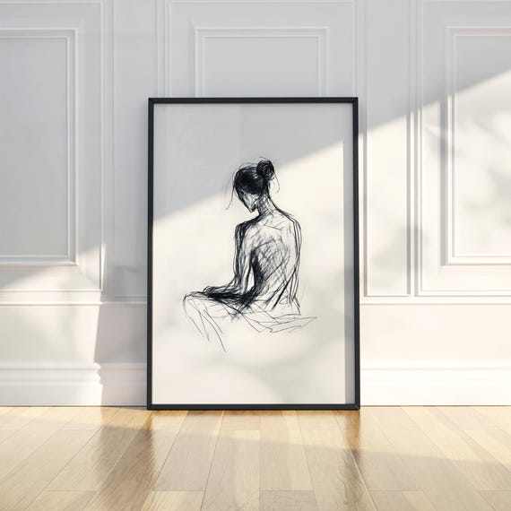 Minimalist Woman Back View Wall Art Print Female Rearview Line Charcoal Sketch Trend Poster Modern Home Decor