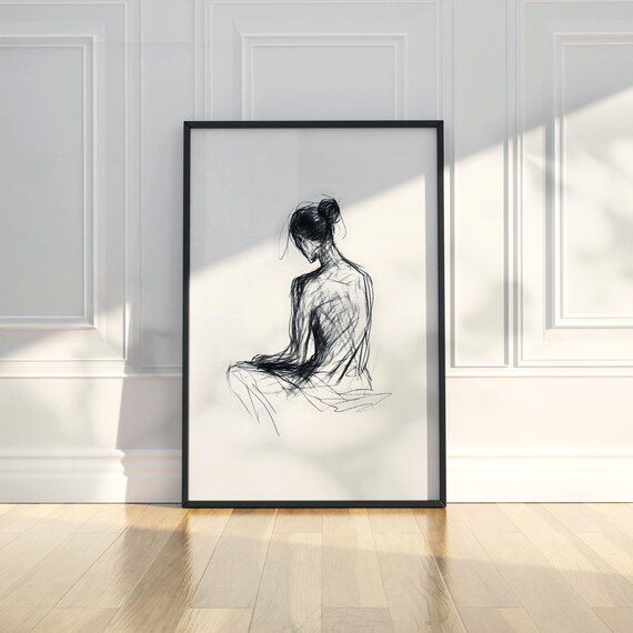 Seated Woman Back View Charcoal Sketch Figure Drawing Poster