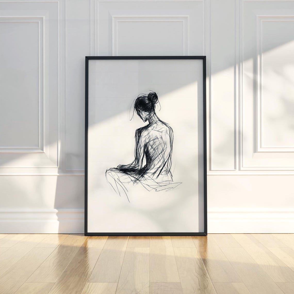 Seated Woman Back View Charcoal Sketch Figure Drawing Poster
