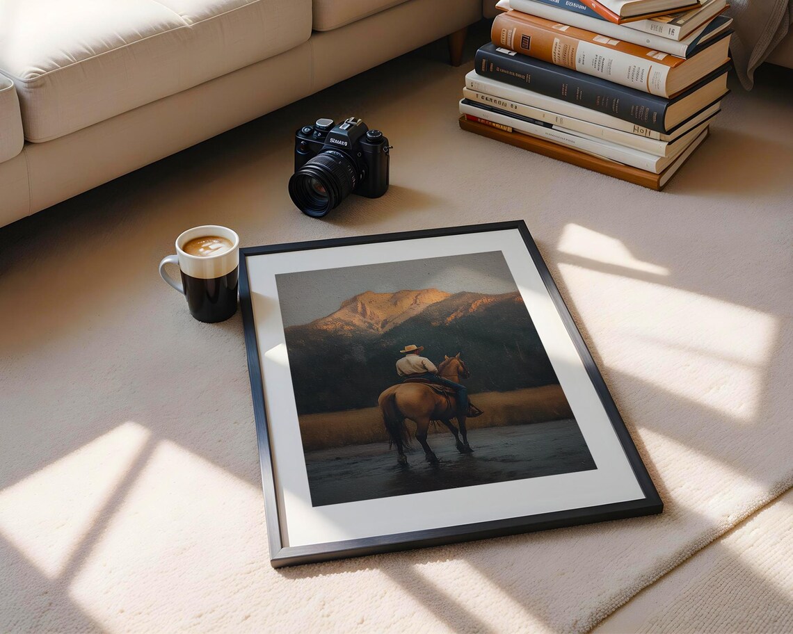 Cowboy Horseback River Crossing Mountain Western Oil Painting Poster - Image 5