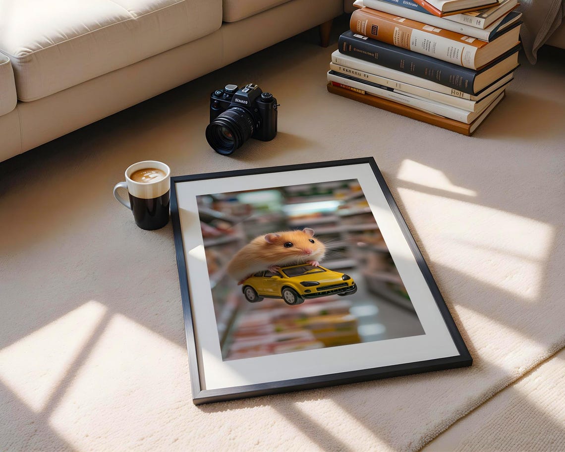Hamster With Yellow Toy Car Playful Store Aisle Adventure Poster - Image 4