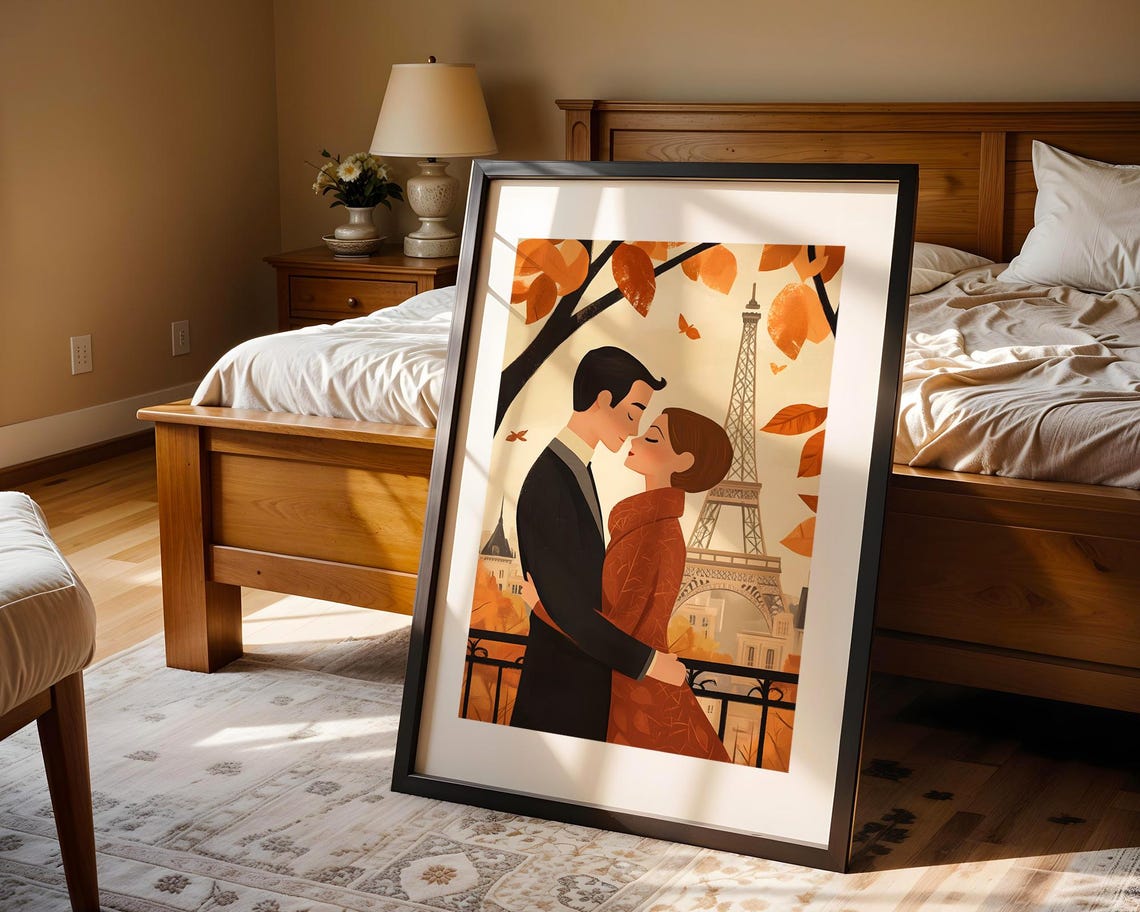 Paris Couple Autumn Leaves Eiffel Tower Romantic Illustration Poster - Image 4