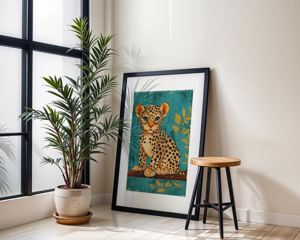 Cute Cheetah Cub With Big Blue Eyes Teal Gold Kids Art Poster - Image 2