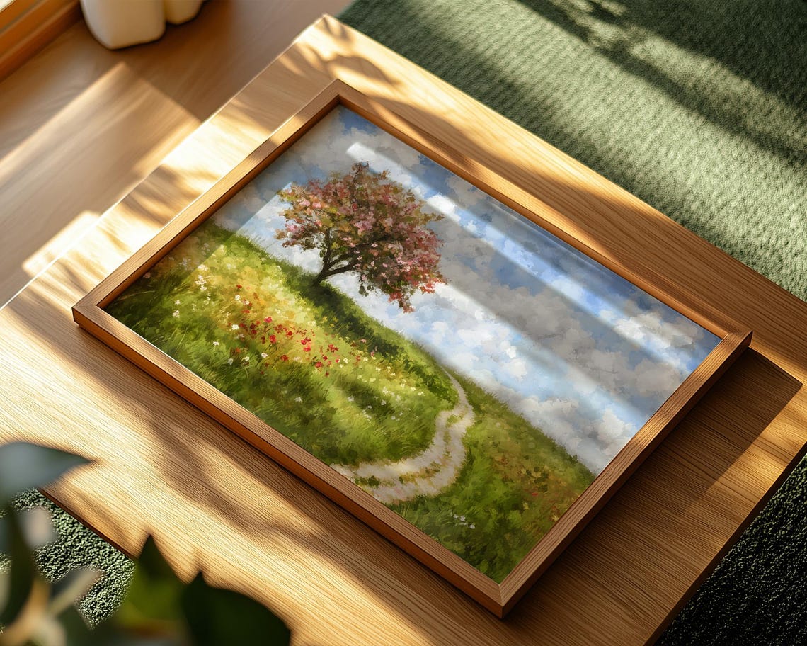 Blossoming Tree Green Hill Country Path Summer Landscape Wall Art - Image 2