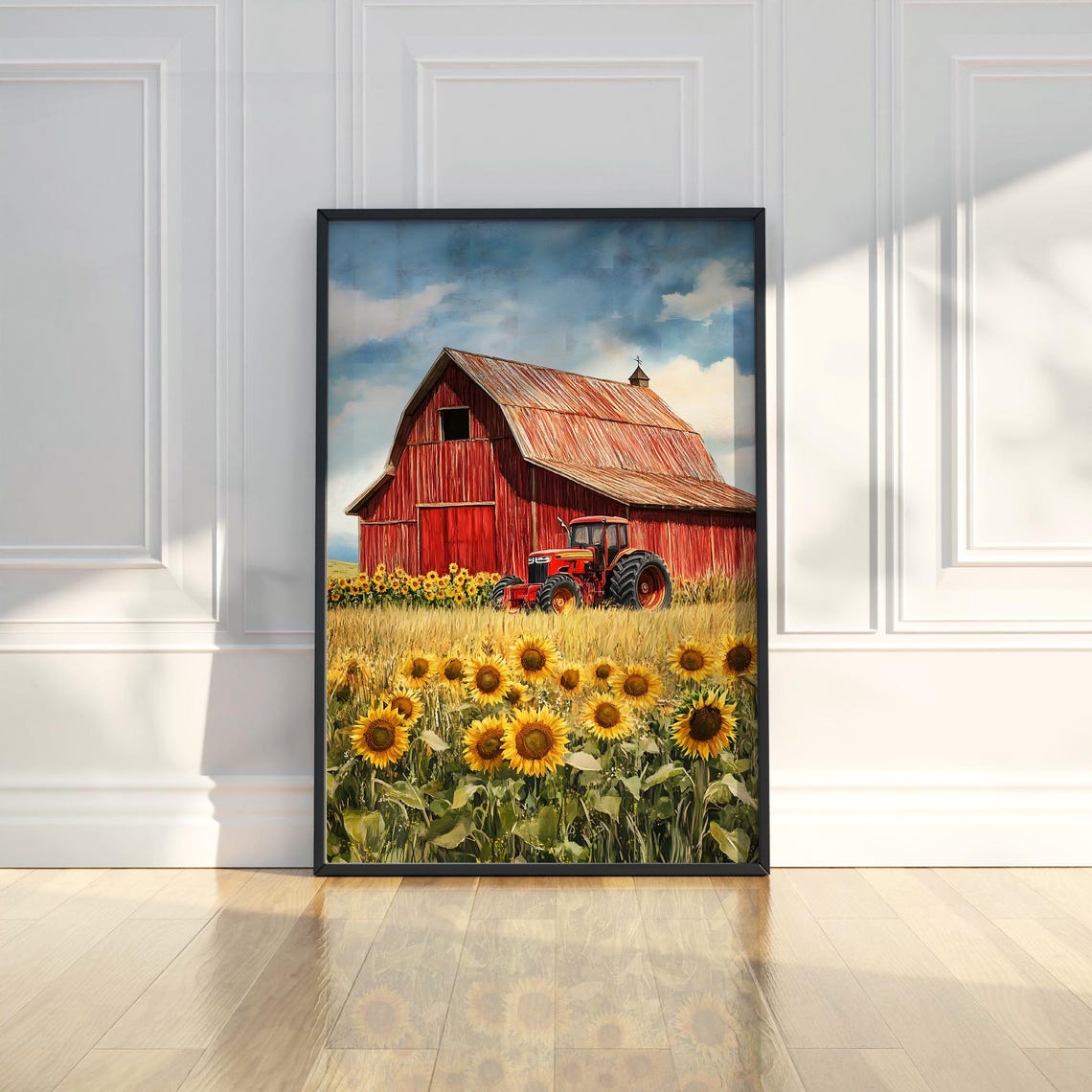 Red Barn Tractor Sunflower Field Watercolor Farm Scene Art Poster