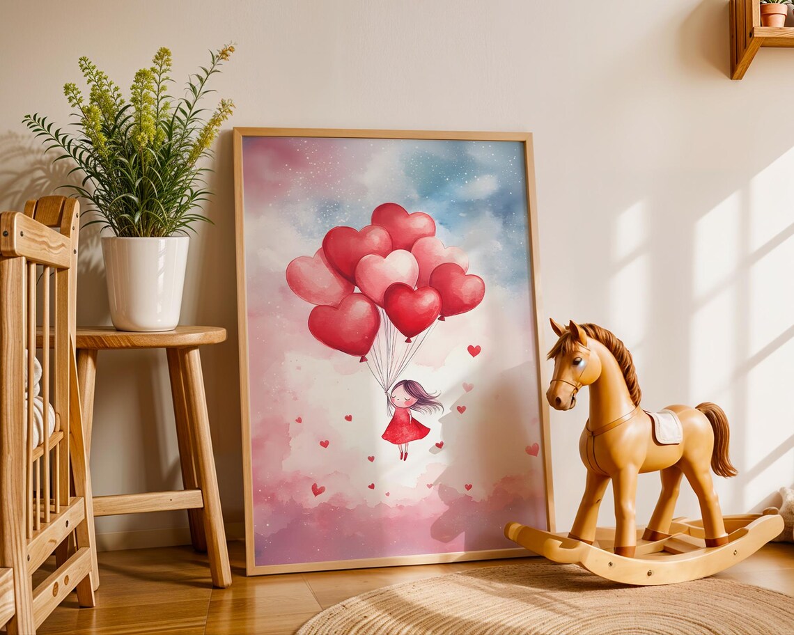 Little Girl Floating With Red Heart Balloons Whimsical Poster