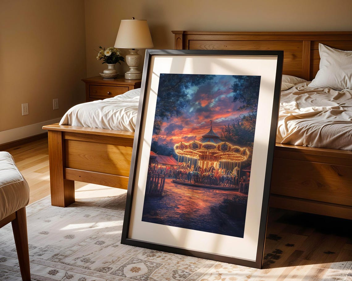 Enchanting Vintage Carousel At Sunset Wall Art Twilight Fairground Poster Cozy Home Decor Nursery - Image 4