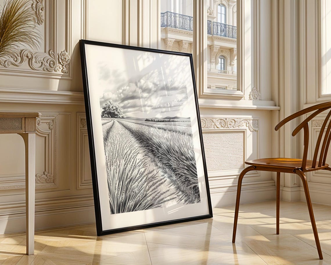 Expansive Wheat Field Monochrome Pencil Sketch Serene Rural Poster