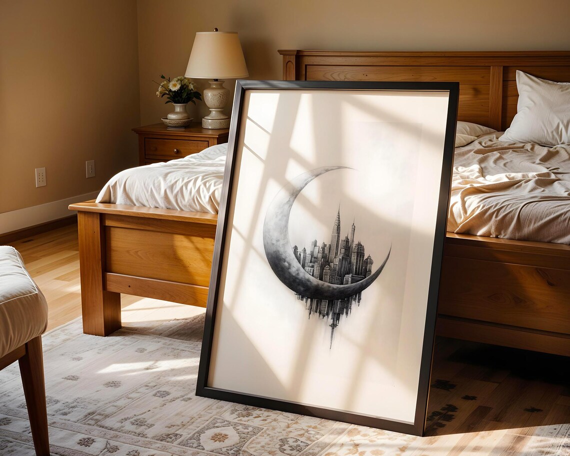 Crescent Moon Cradling City Skyline Monochrome Pencil Sketch Poster - Image 5