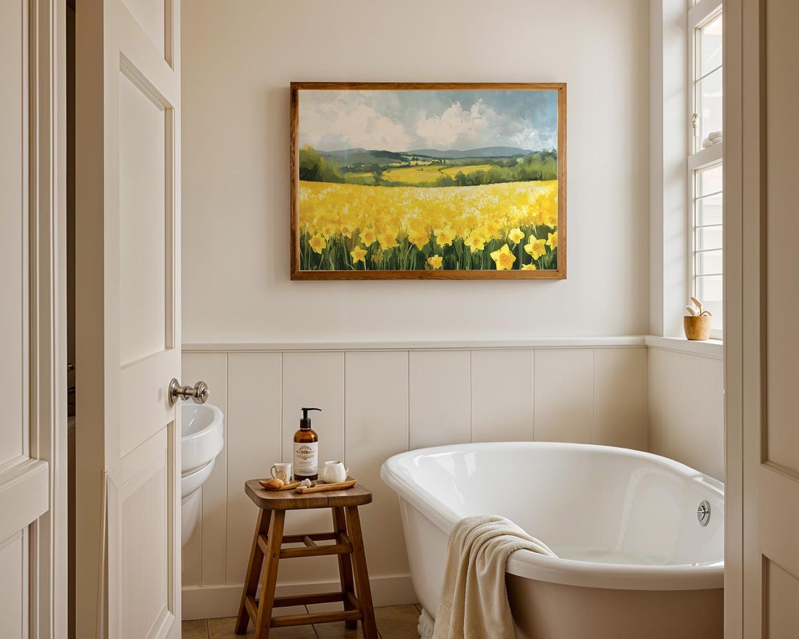 Endless Daffodil Field Under Bright Sky Cheerful Watercolor Poster - Image 3