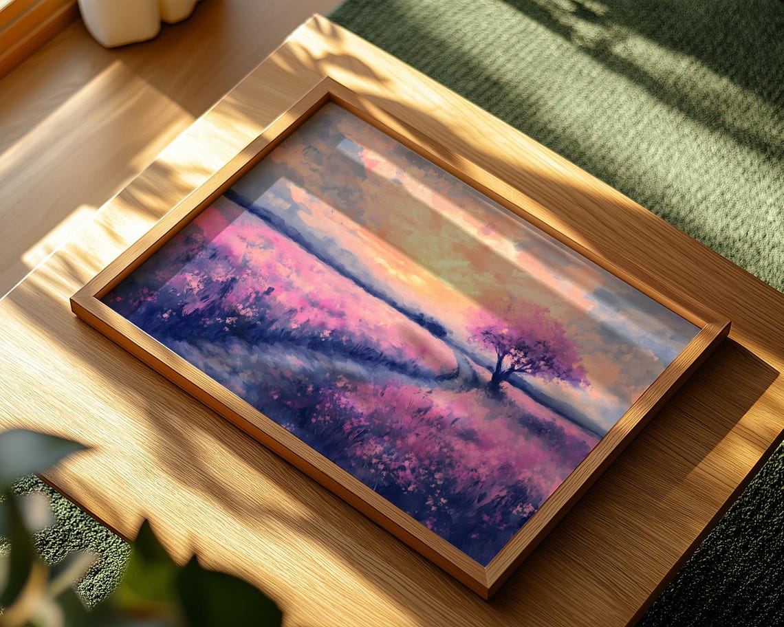 Pink Blossom Tree Winding Path Sunset Meadow Pastel Landscape Poster - Image 2