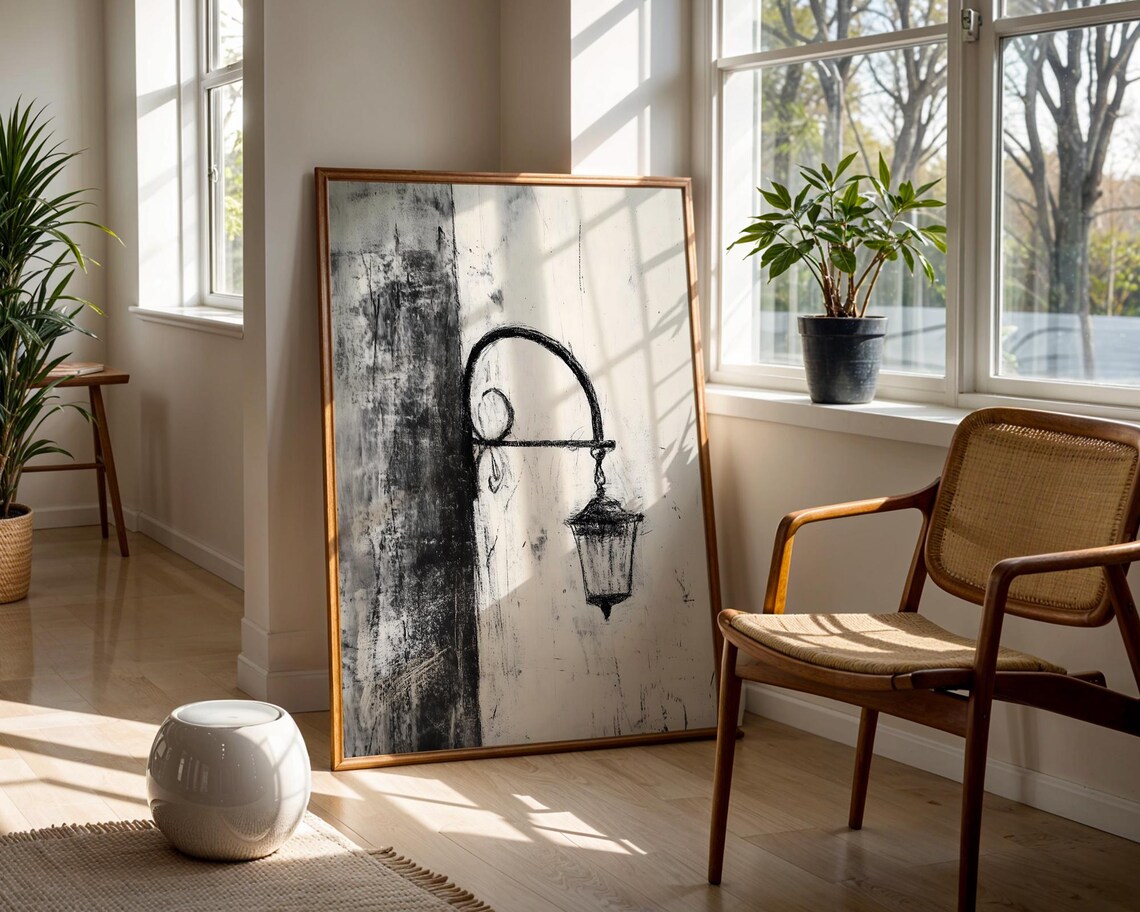 Vintage Street Lamp Charcoal Sketch Black and White Art Poster - Image 3