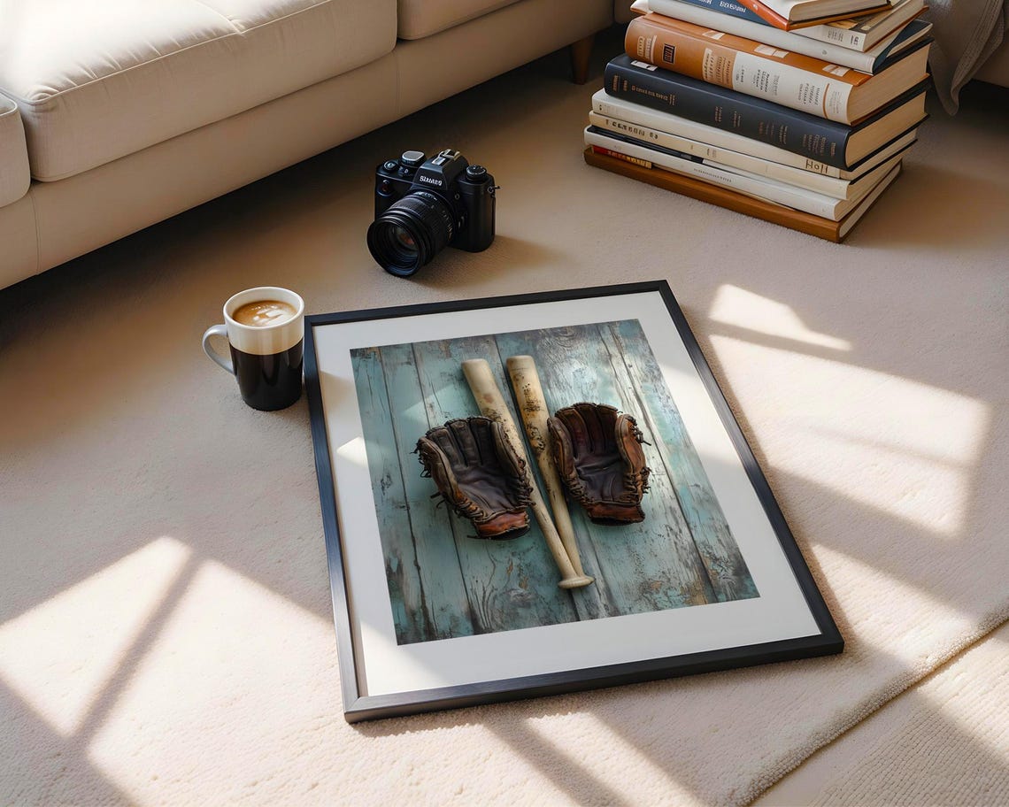 Vintage Baseball Gloves And Bats Rustic Teal Wood Art Poster - Image 5